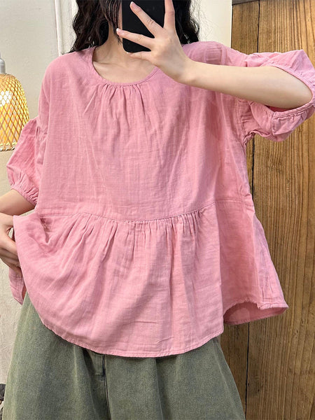 Women Summer Artsy Solid Spliced O-Neck Cotton Shirt II1021 BUYKUD