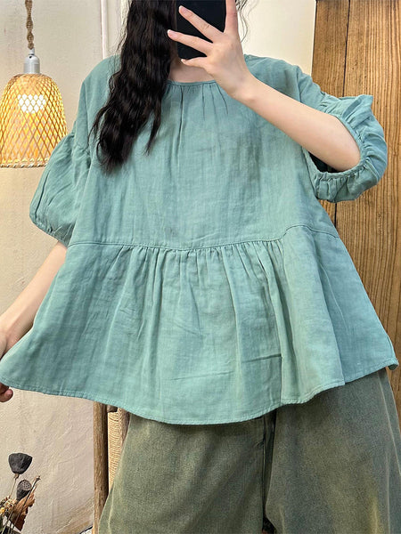 Women Summer Artsy Solid Spliced O-Neck Cotton Shirt II1021 BUYKUD