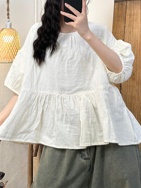 Women Summer Artsy Solid Spliced O-Neck Cotton Shirt II1021 BUYKUD