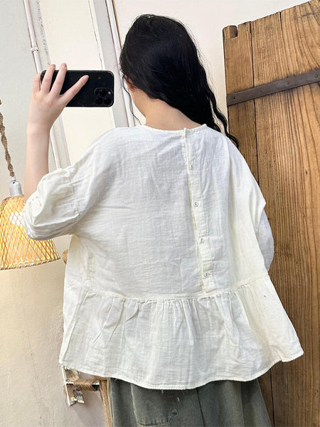 Women Summer Artsy Solid Spliced O-Neck Cotton Shirt II1021 BUYKUD