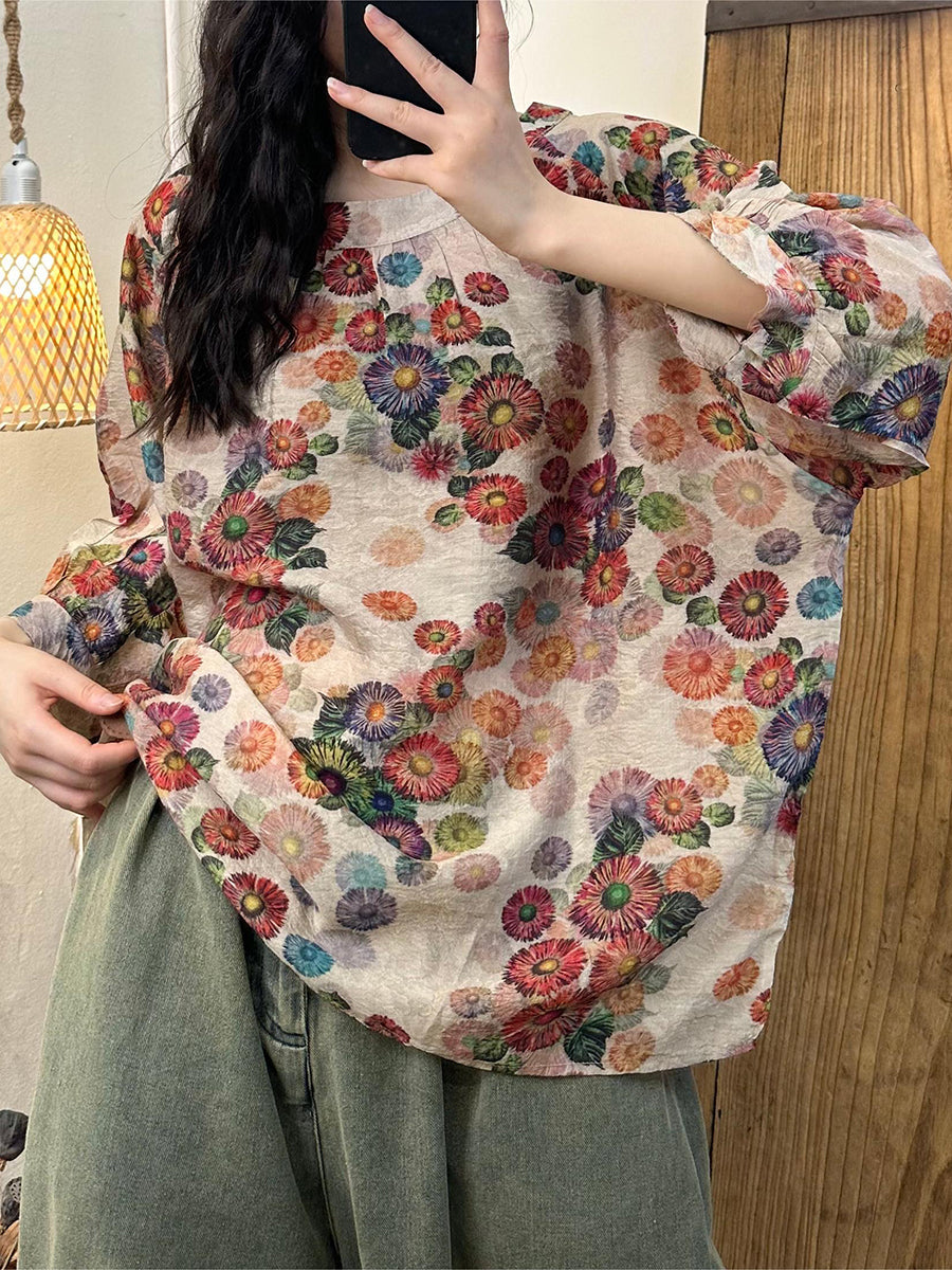Women Summer Casual Flower Batwing Sleeve Loose Shirt PP1026 BUYKUD