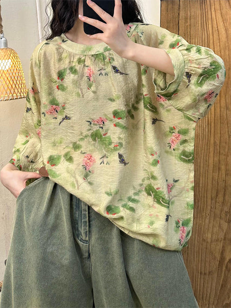 Women Summer Casual Flower Batwing Sleeve Loose Shirt PP1026 BUYKUD