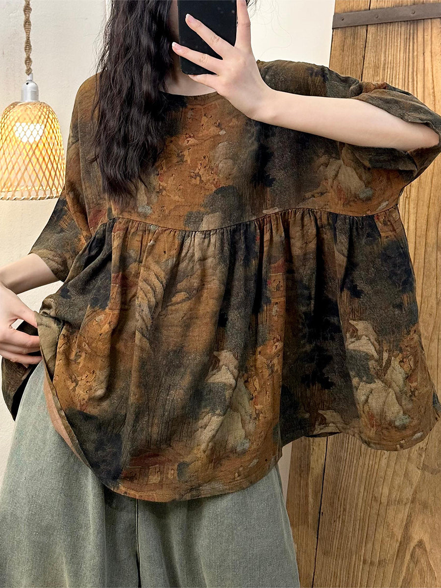 Women Summer Vintage Flower Spliced Cotton Shirt PP1049 LSFZ