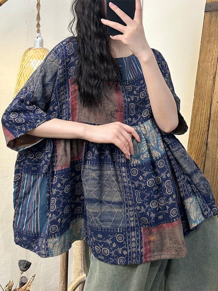 Women Summer Vintage Flower Spliced Cotton Shirt PP1049 LSFZ