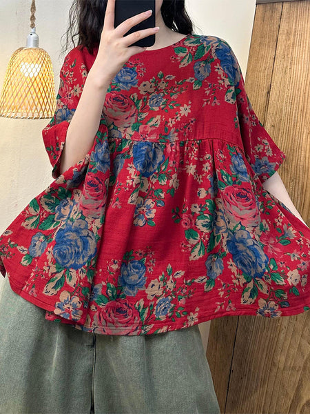 Women Summer Vintage Flower Spliced Cotton Shirt PP1049 LSFZ