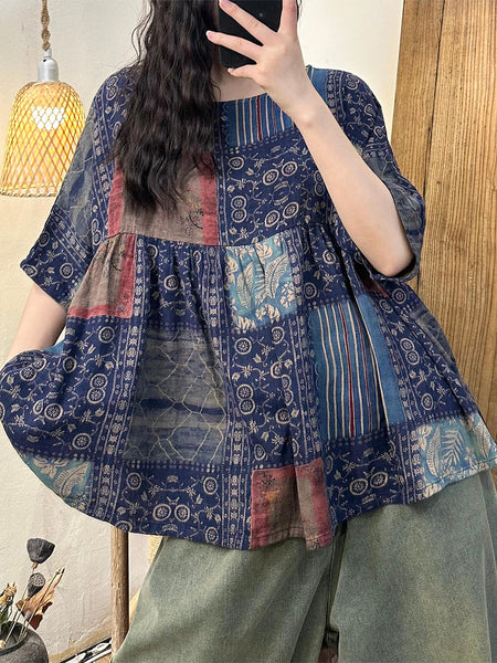 Women Summer Vintage Flower Spliced Cotton Shirt PP1049 LSFZ