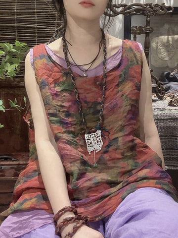 Women Retro Flower Thin O-Neck Loose Ramie Vest PP1025 BUYKUD