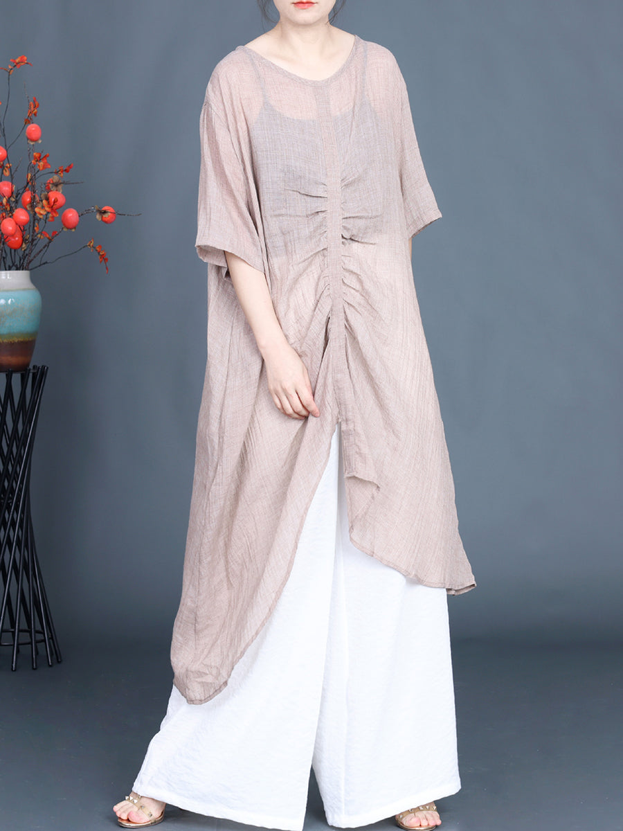 Women Summer Artsy Irregular V-Neck Cotton Linen Shirt PP1023 BUYKUD