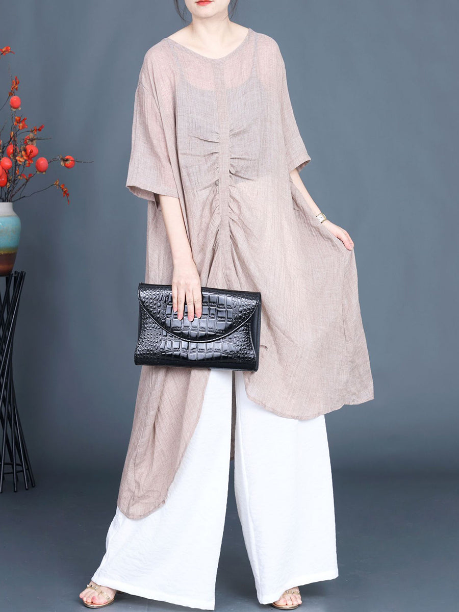 Women Summer Artsy Irregular V-Neck Cotton Linen Shirt PP1023 BUYKUD