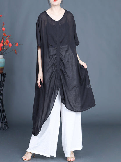 Women Summer Artsy Irregular V-Neck Cotton Linen Shirt PP1023 BUYKUD