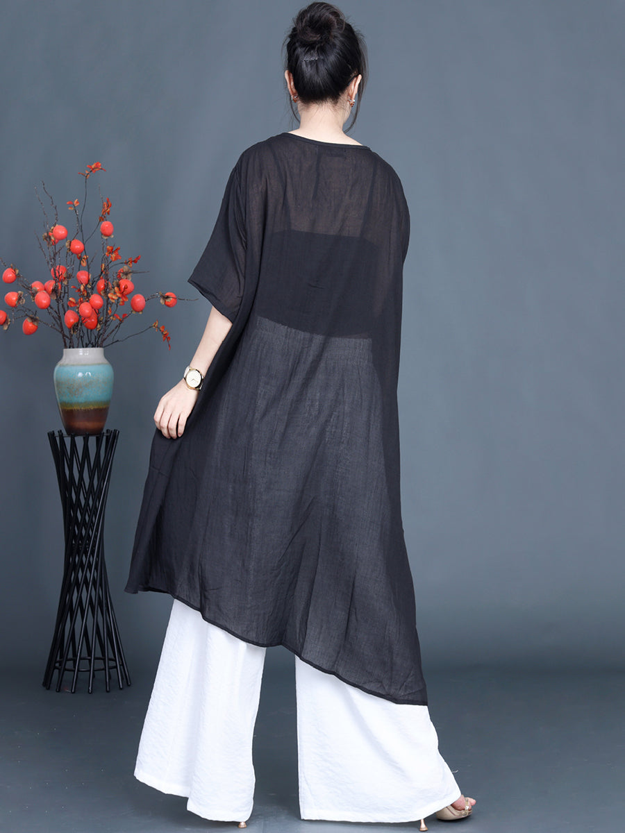 Women Summer Artsy Irregular V-Neck Cotton Linen Shirt PP1023 BUYKUD