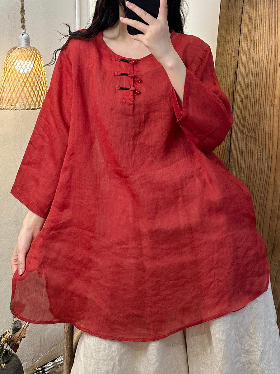 Women Summer Vintage Button O-Neck Ramie Long Shirt PP1022 BUYKUD