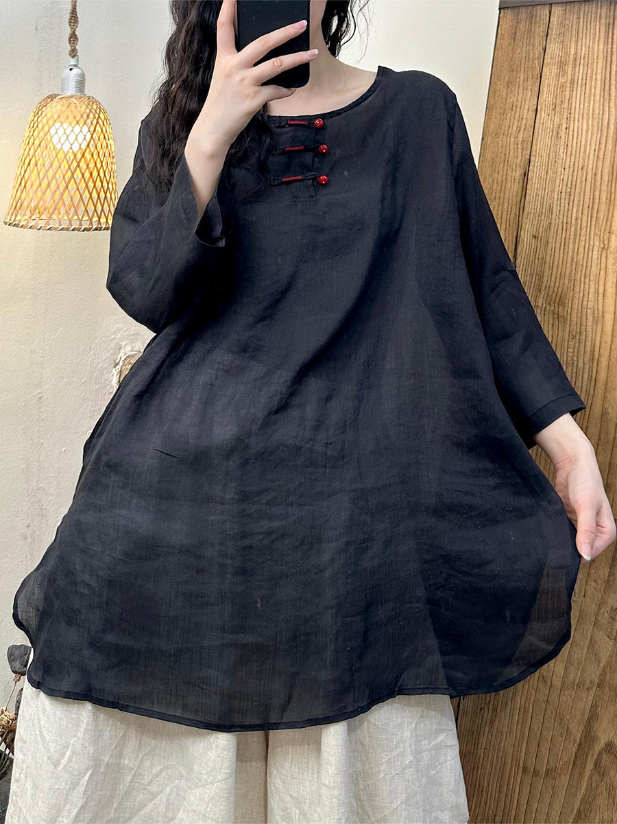 Women Summer Vintage Button O-Neck Ramie Long Shirt PP1022 BUYKUD