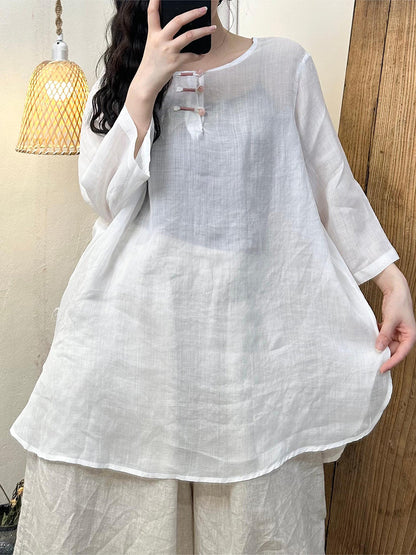 Women Summer Vintage Button O-Neck Ramie Long Shirt PP1022 BUYKUD