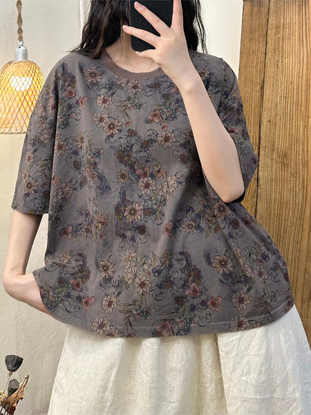 Women Summer Casual Flower Loose Cotton Shirt PP1043 LSFZ