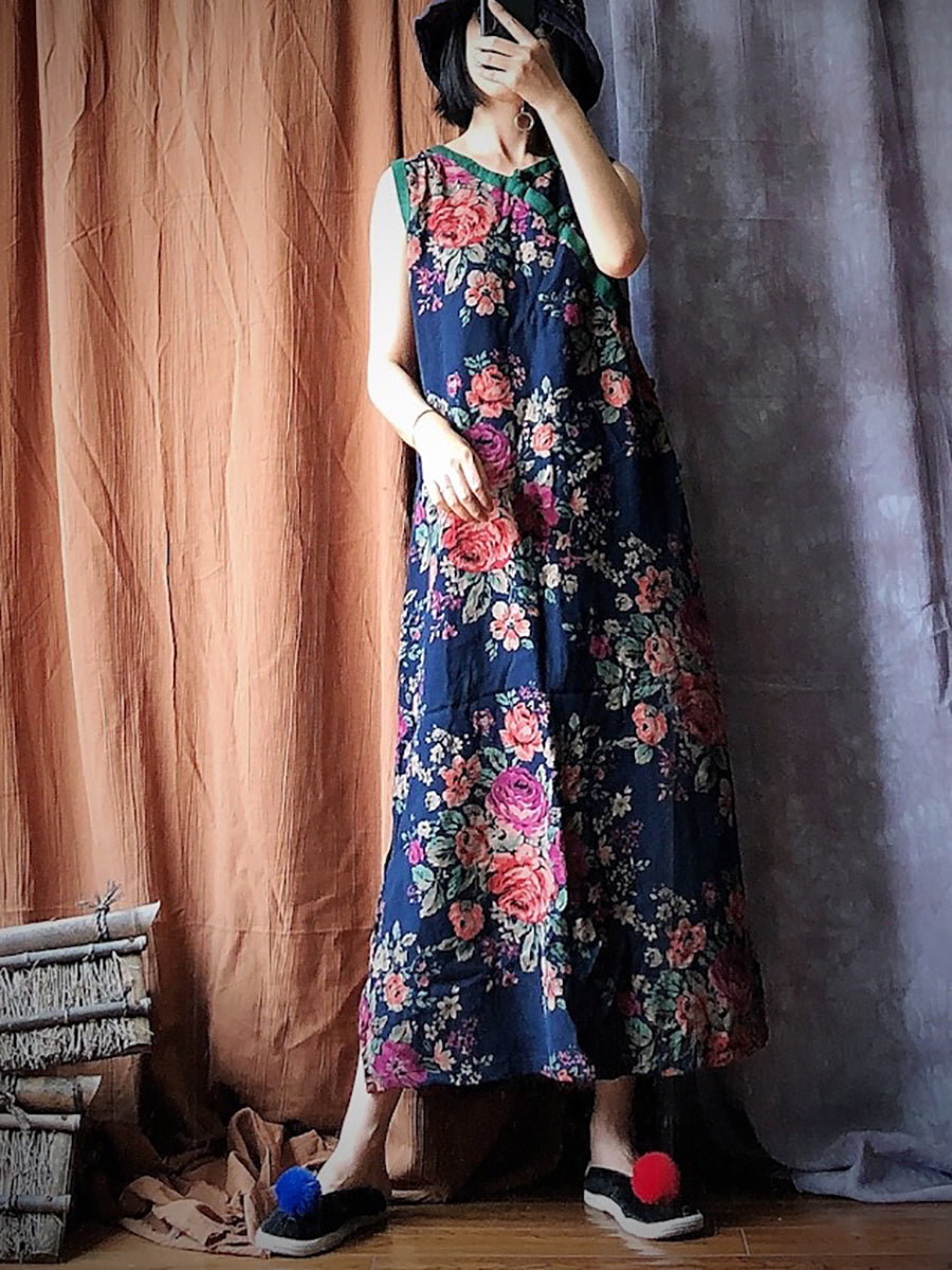 Women Summer Vintage Flower Spliced Robe Vest Dress PP1045 JSHY