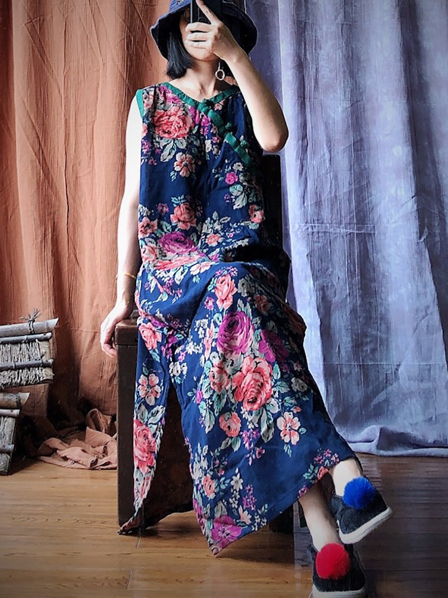 Women Summer Vintage Flower Spliced Robe Vest Dress PP1045 JSHY