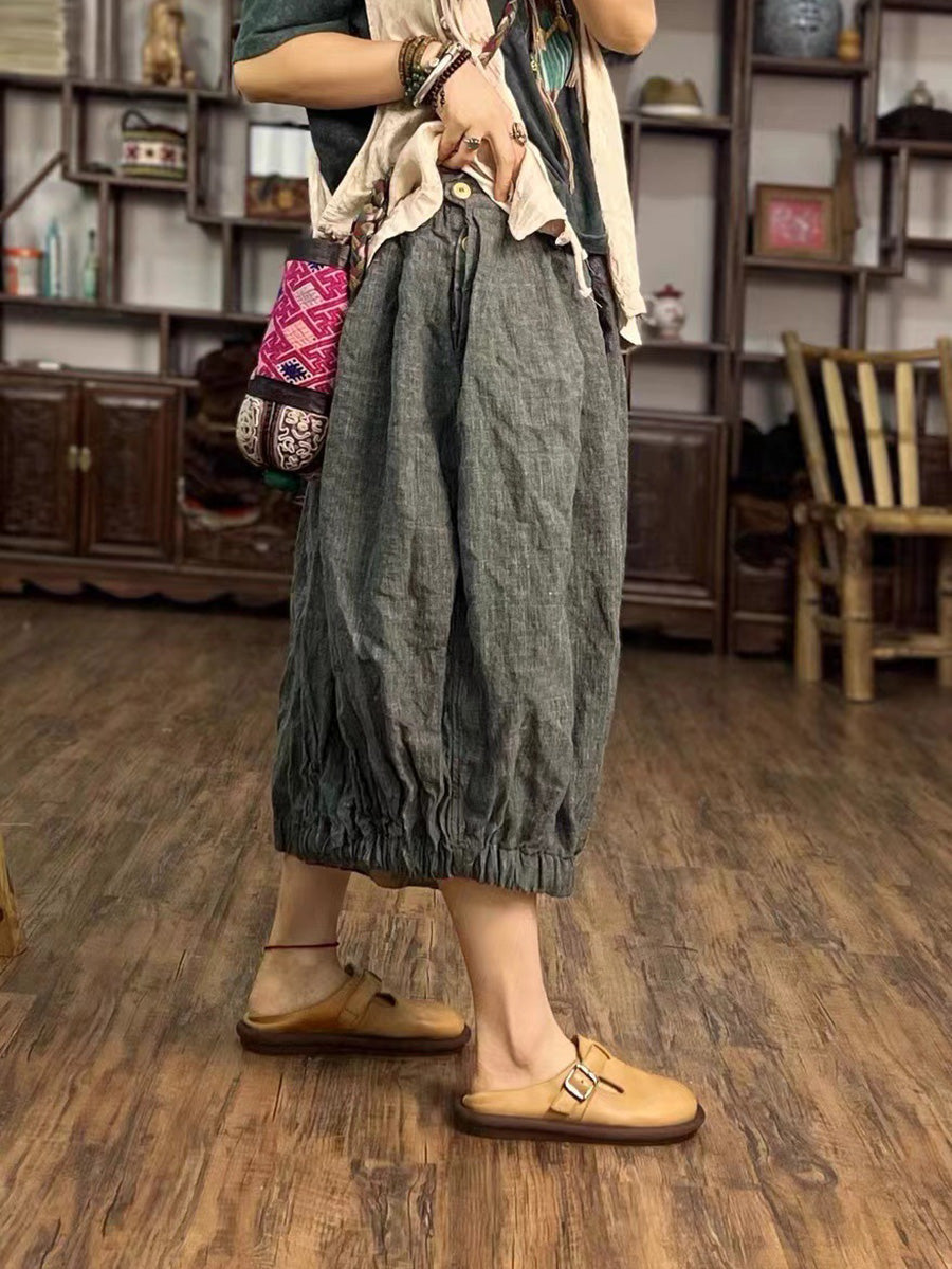 Women Summer Vintage Solid Loose Linen Bloomers PP1027 BUYKUD