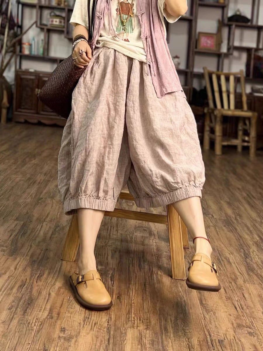 Women Summer Vintage Solid Loose Linen Bloomers PP1027 BUYKUD