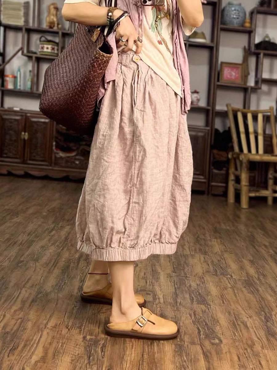 Women Summer Vintage Solid Loose Linen Bloomers PP1027 BUYKUD