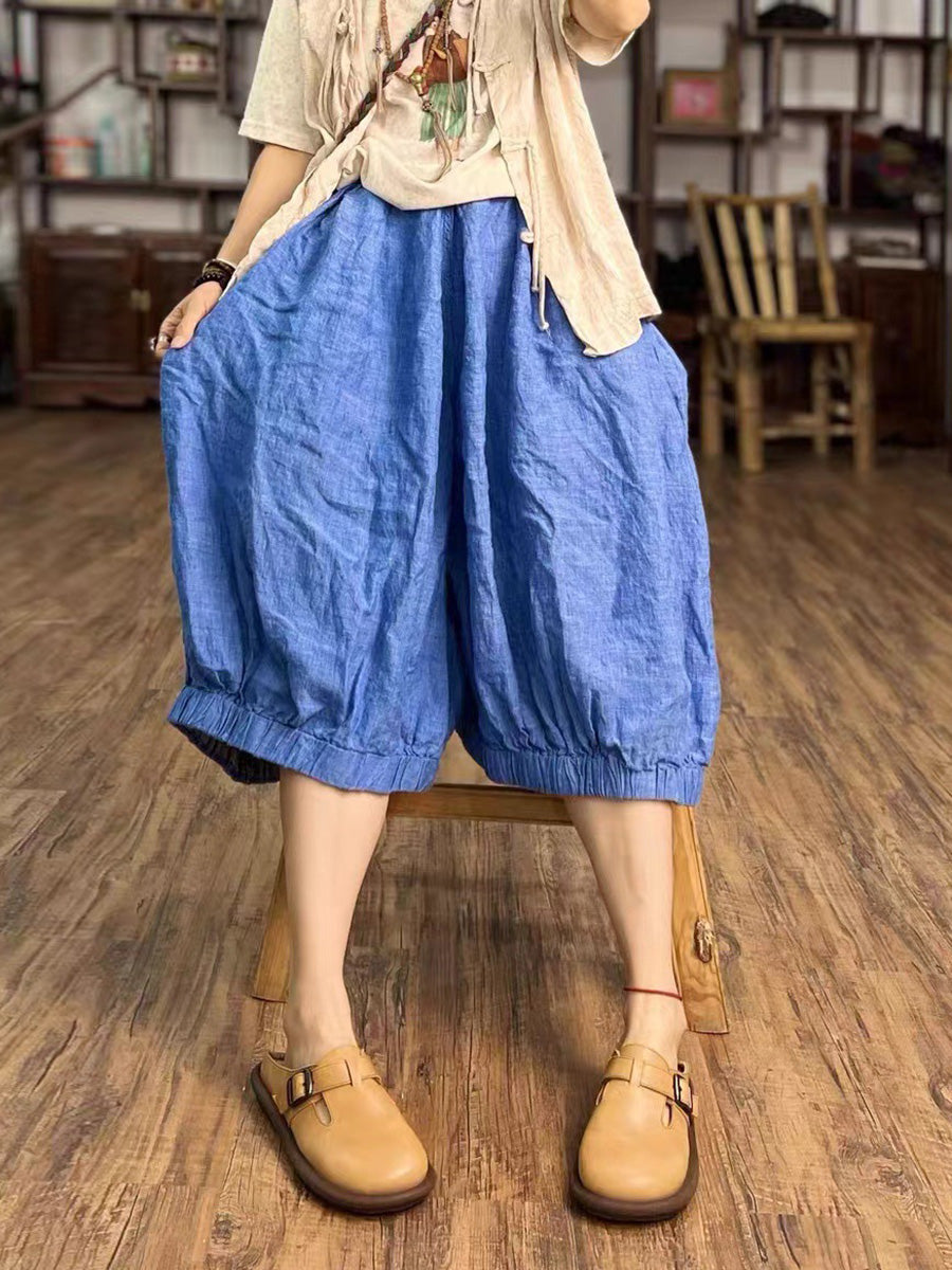 Women Summer Vintage Solid Loose Linen Bloomers PP1027 BUYKUD