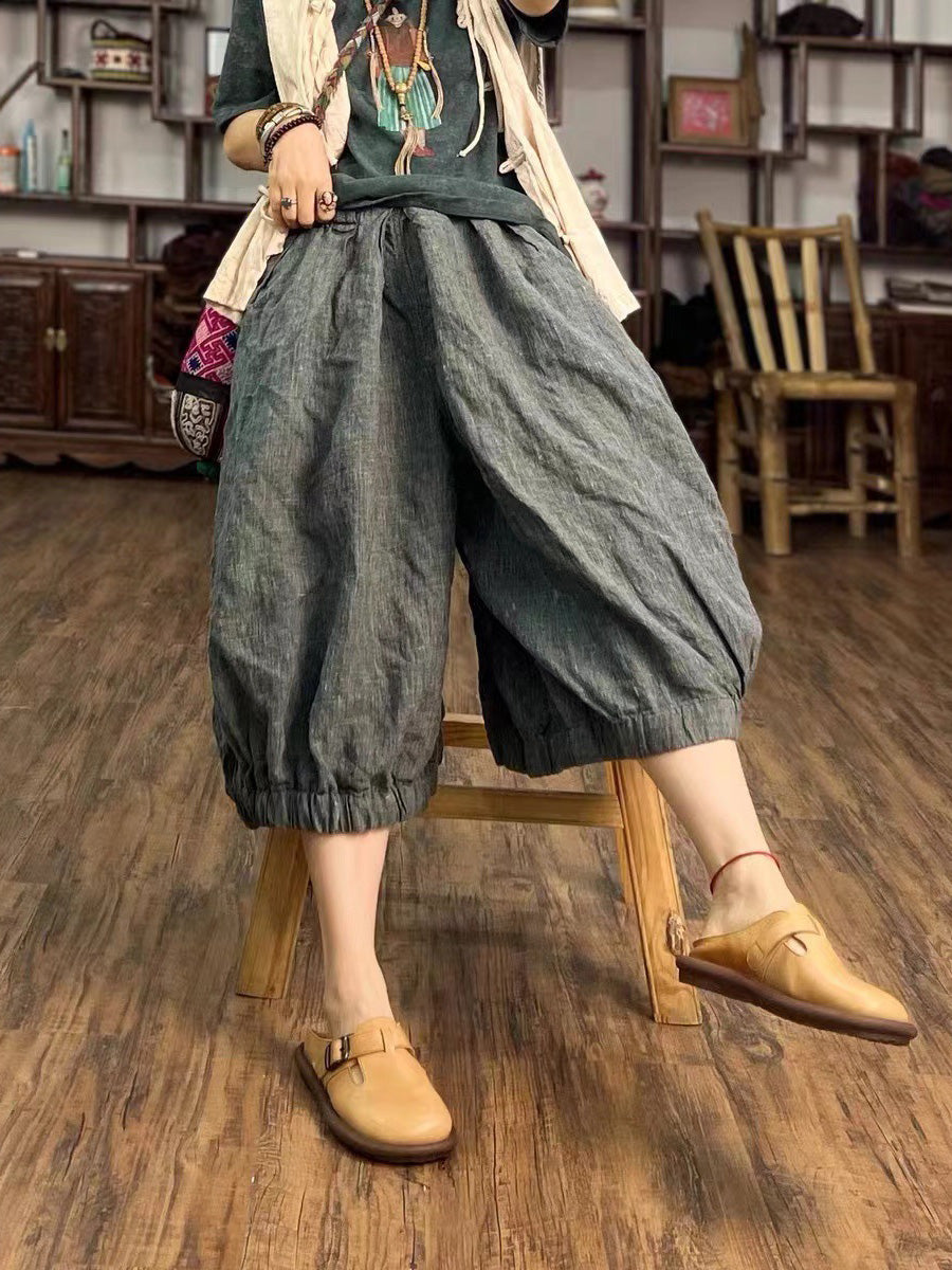 Women Summer Vintage Solid Loose Linen Bloomers PP1027 BUYKUD