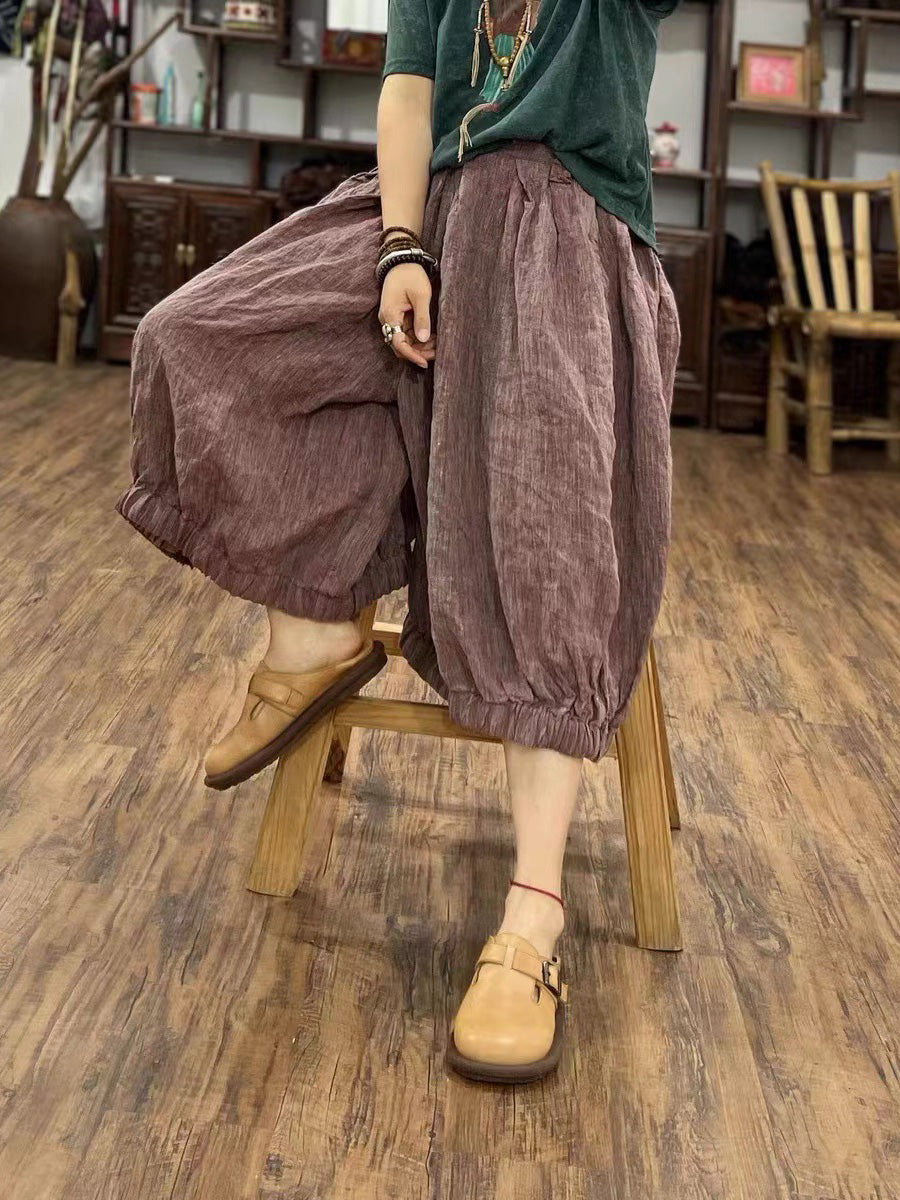 Women Summer Vintage Solid Loose Linen Bloomers PP1027 BUYKUD