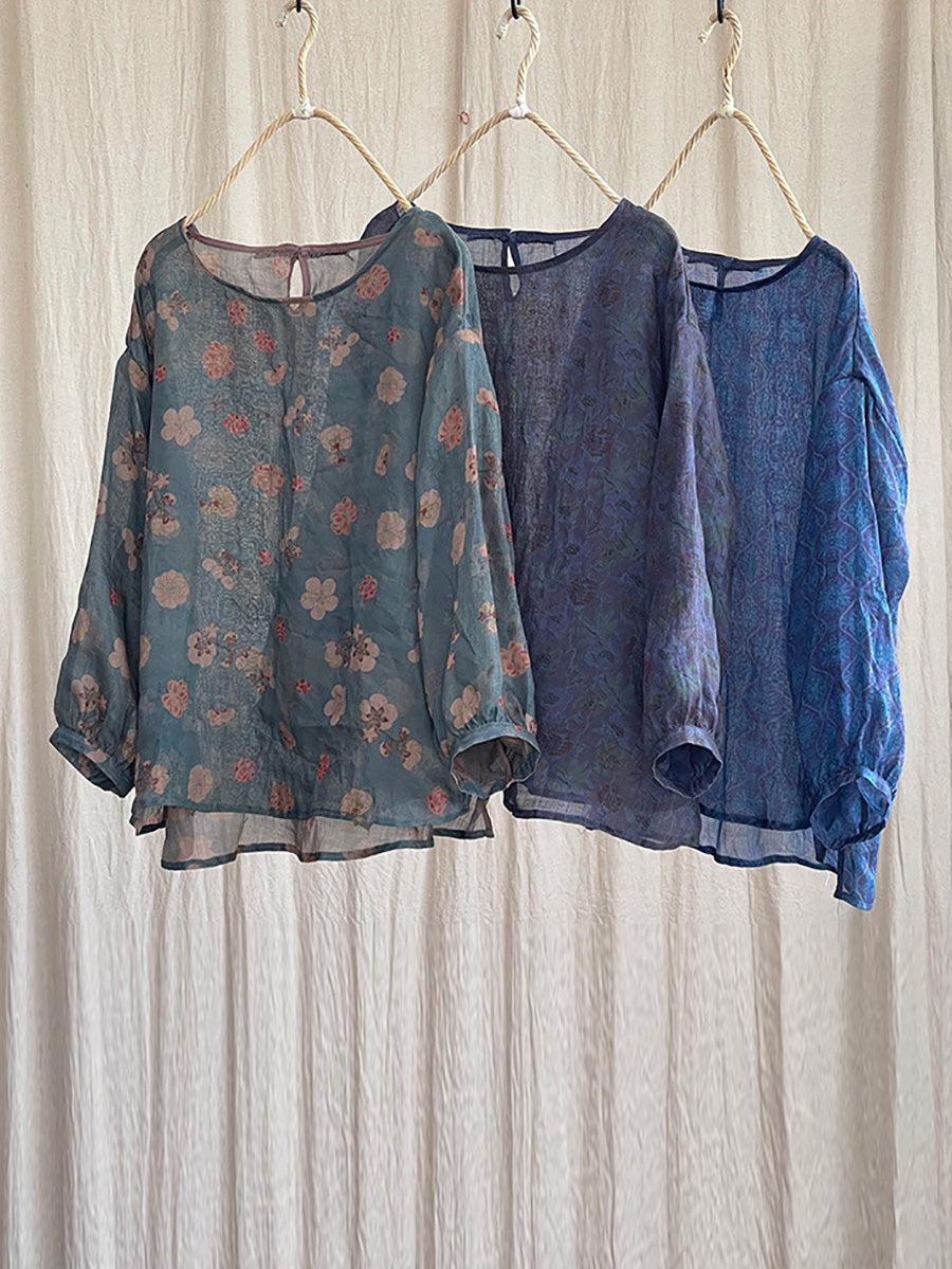 Women Summer Vintage Flower O-neck Ramie Shirt PP1039 YCGS