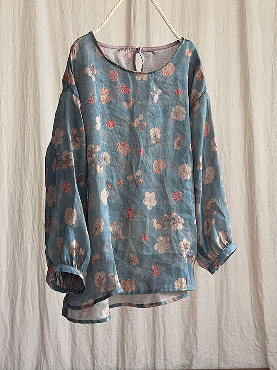 Women Summer Vintage Flower O-neck Ramie Shirt PP1039 YCGS