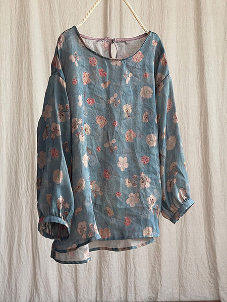 Women Summer Vintage Flower O-neck Ramie Shirt PP1039 YCGS