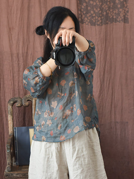 Women Summer Vintage Flower O-neck Ramie Shirt PP1039 YCGS