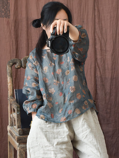 Women Summer Vintage Flower O-neck Ramie Shirt PP1039 YCGS