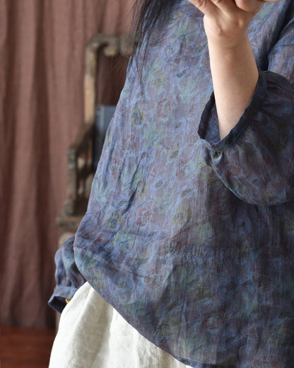 Women Summer Vintage Flower O-neck Ramie Shirt PP1039 YCGS