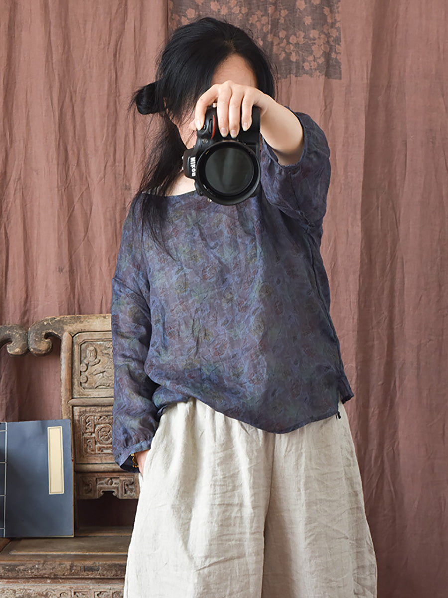 Women Summer Vintage Flower O-neck Ramie Shirt PP1039 YCGS