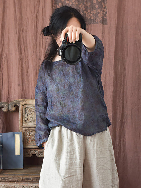 Women Summer Vintage Flower O-neck Ramie Shirt PP1039 YCGS