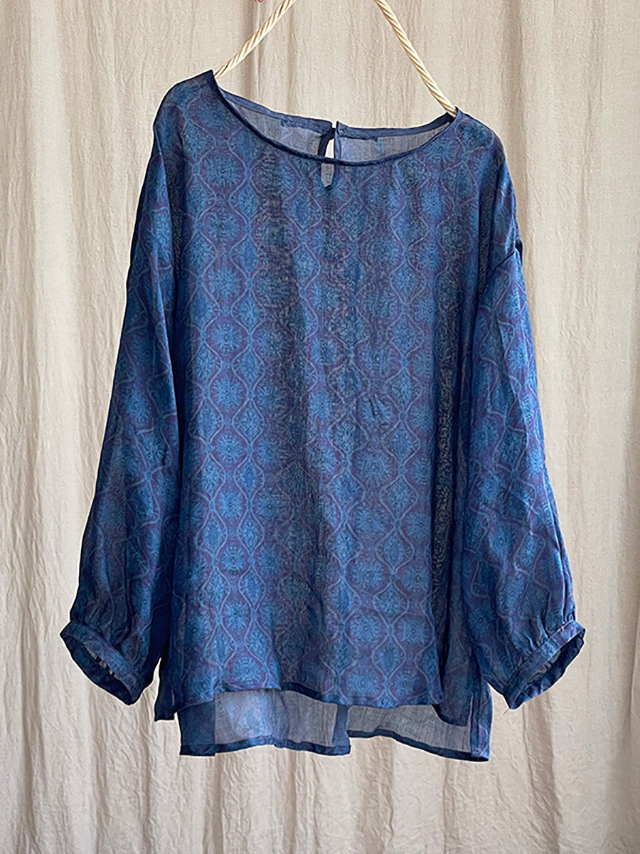 Women Summer Vintage Flower O-neck Ramie Shirt PP1039 YCGS