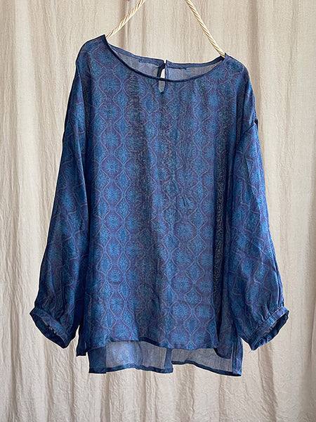 Women Summer Vintage Flower O-neck Ramie Shirt PP1039 YCGS