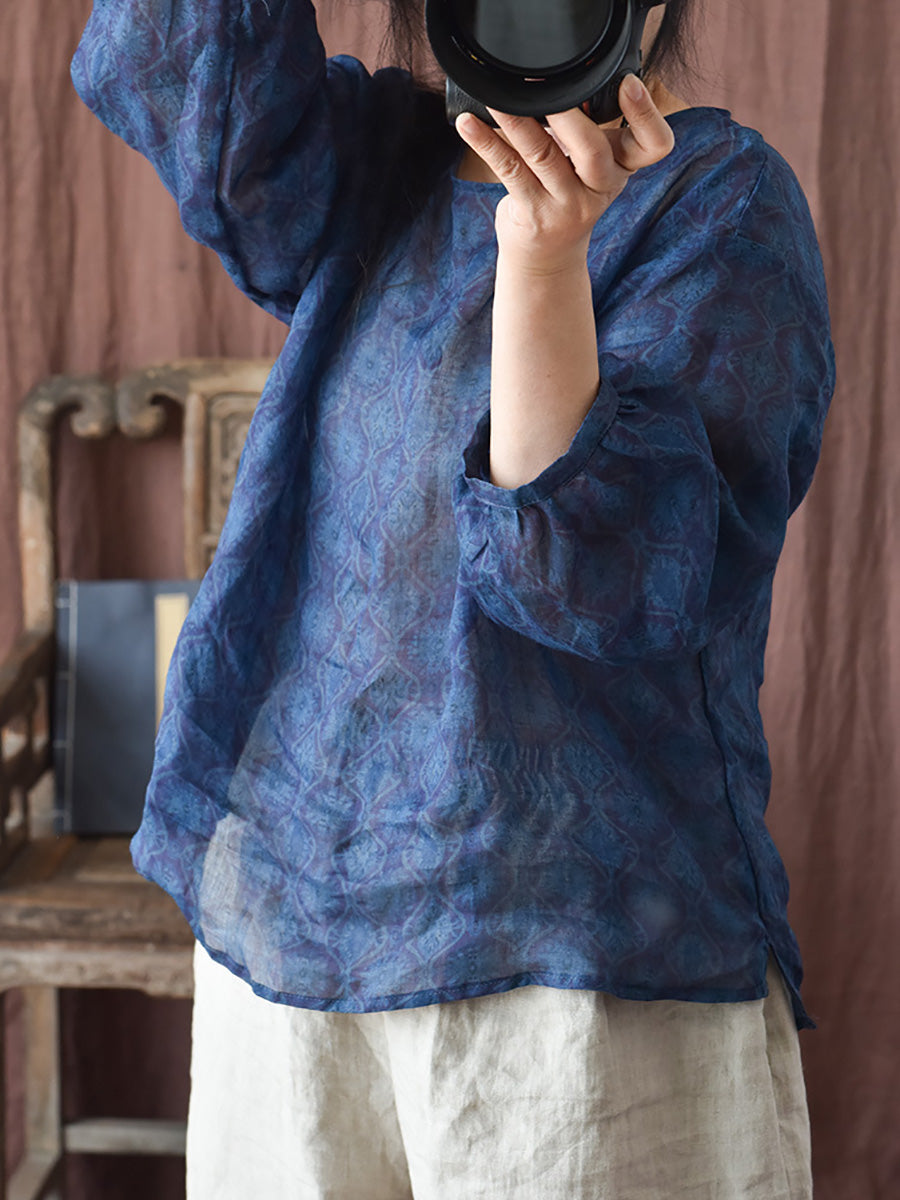 Women Summer Vintage Flower O-neck Ramie Shirt PP1039 YCGS