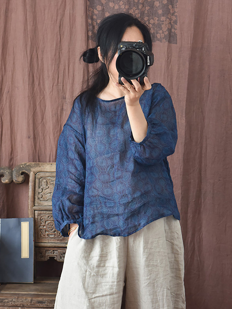 Women Summer Vintage Flower O-neck Ramie Shirt PP1039 YCGS