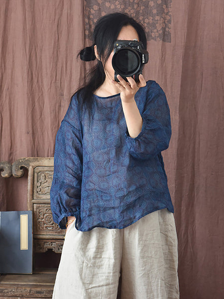 Women Summer Vintage Flower O-neck Ramie Shirt PP1039 YCGS