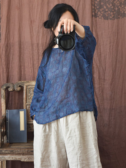 Women Summer Vintage Flower O-neck Ramie Shirt PP1039 YCGS