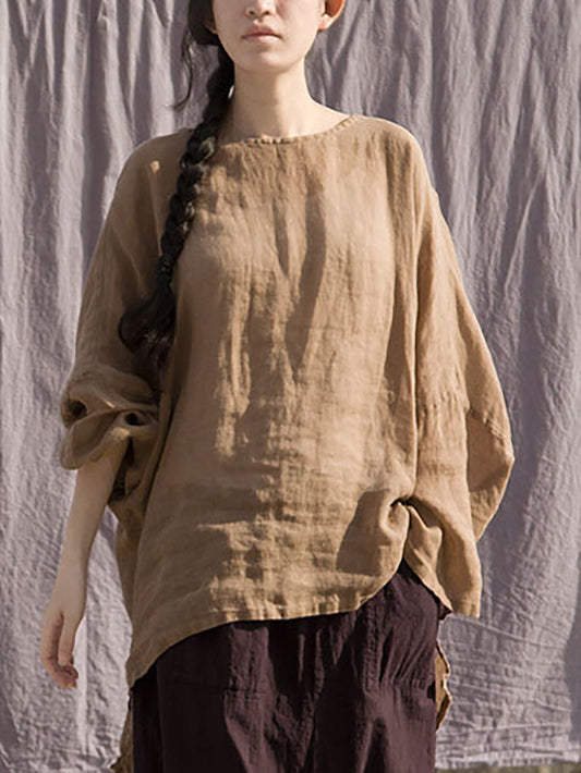 Women Summer Solid Casual Loose 100%Ramie Shirt PP1040 BUYKUD