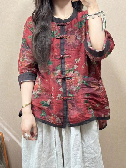 Women Vintage Flower Spliced Button-up Ramie Shirt PP1050 GLL