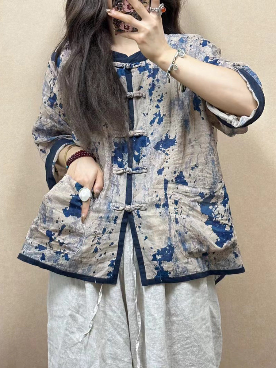 Women Vintage Flower Spliced Button-up Ramie Shirt PP1050 GLL