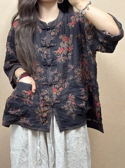 Women Vintage Flower Spliced Button-up Ramie Shirt PP1050 GLL