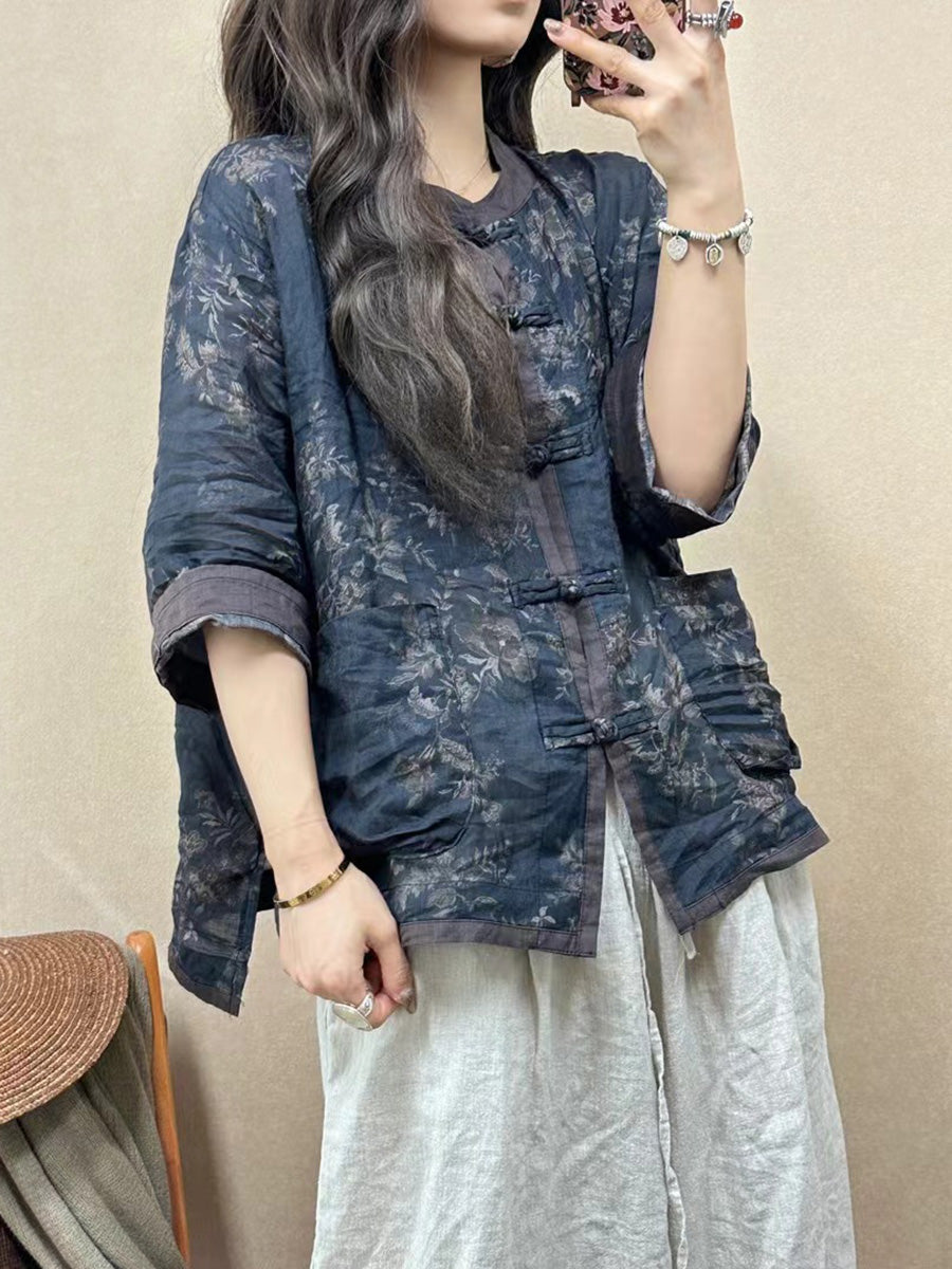 Women Vintage Flower Spliced Button-up Ramie Shirt PP1050 GLL