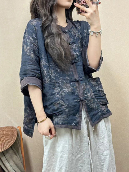 Women Vintage Flower Spliced Button-up Ramie Shirt PP1050 GLL