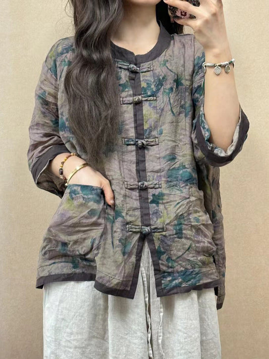 Women Vintage Flower Spliced Button-up Ramie Shirt PP1050 GLL