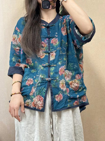 Women Vintage Flower Spliced Button-up Ramie Shirt PP1050 GLL