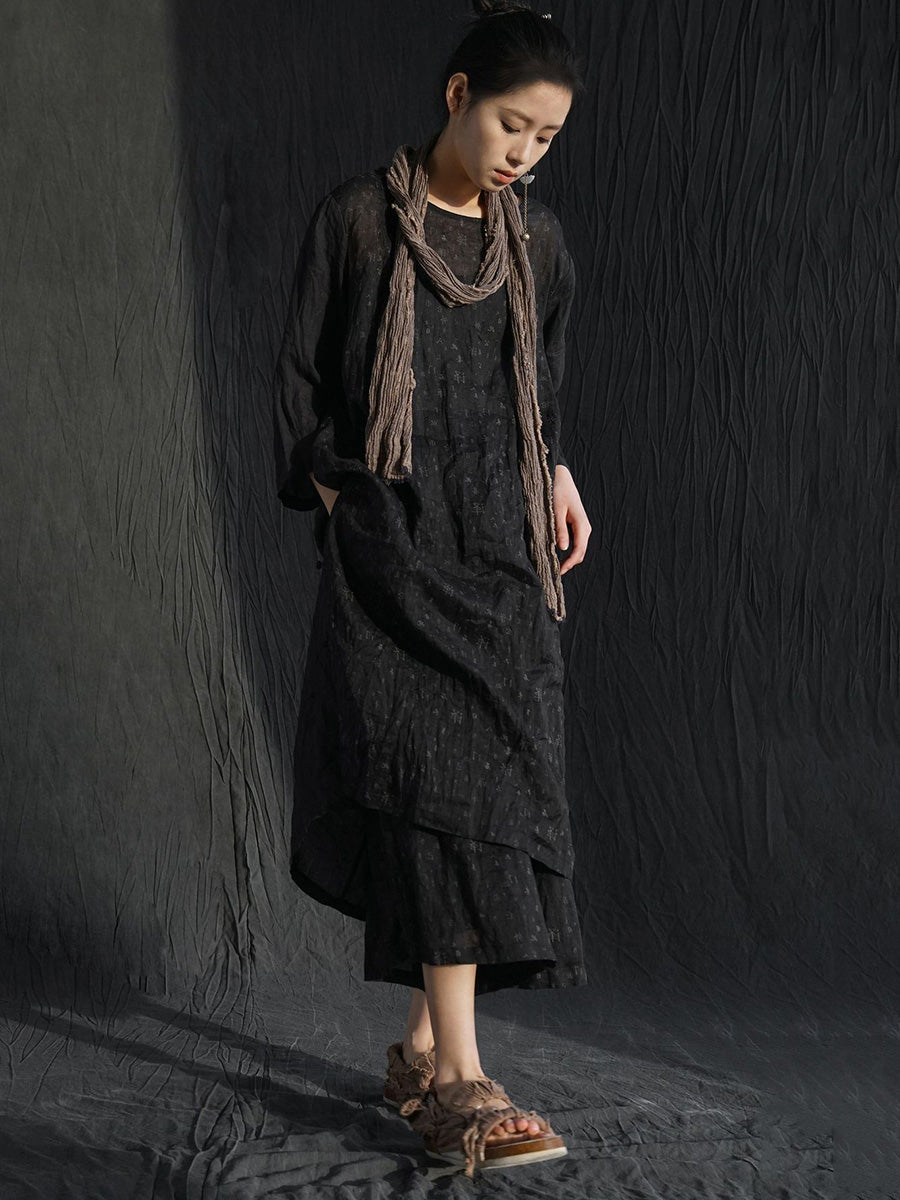 Women Summer Vintage Print Spliced Ramie Dress PP1001 BUYKUD